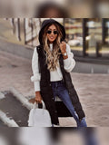 women's long quilted hooded gilet in black