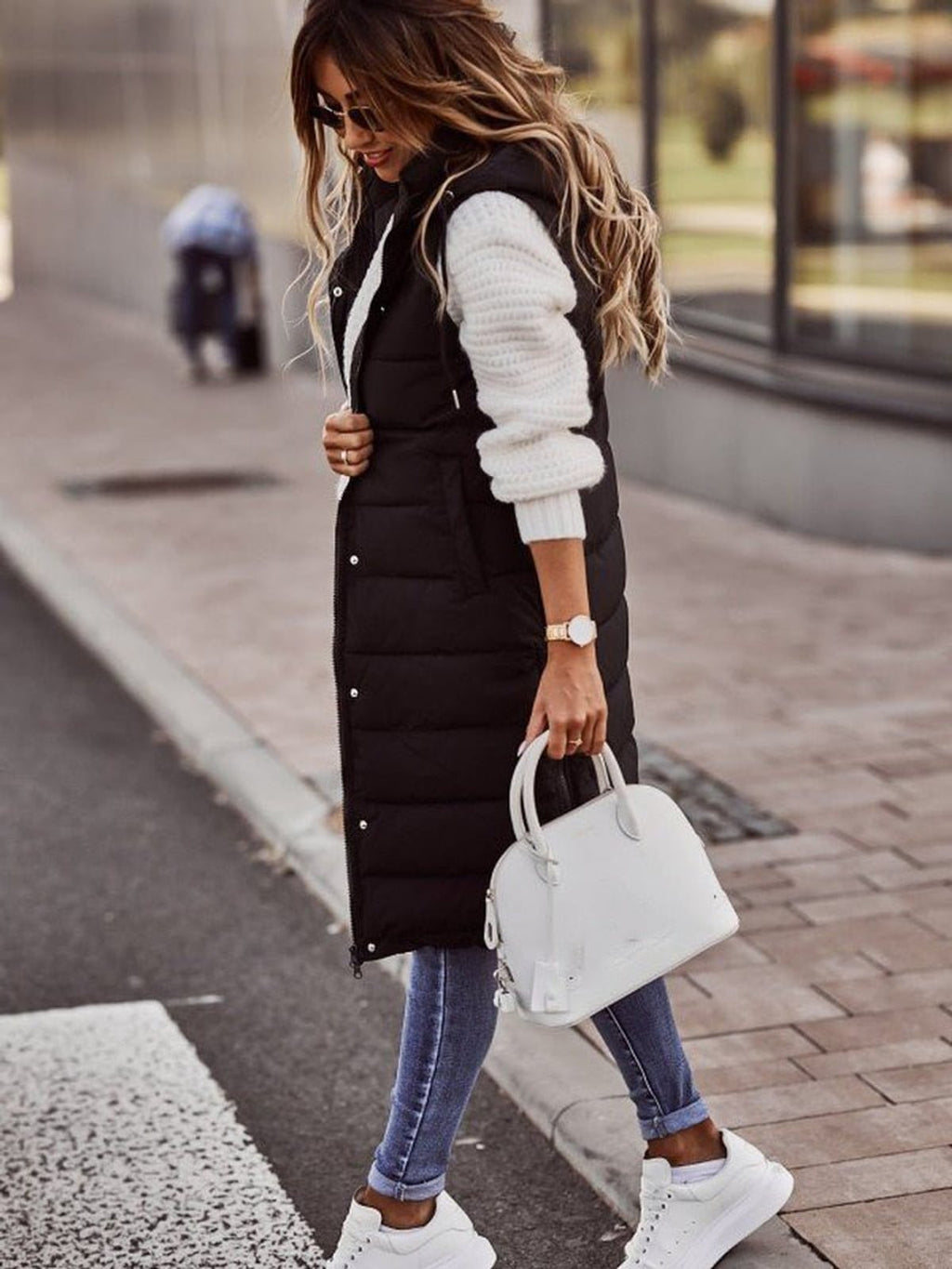 women's long quilted hooded gilet in black