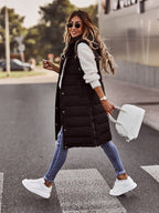women's long quilted hooded gilet in black