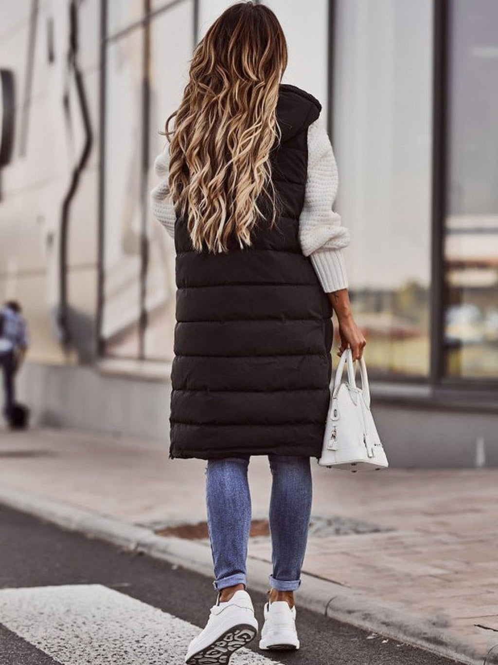women's long quilted hooded gilet in black