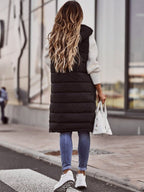 women's long quilted hooded gilet in black