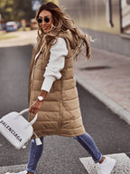 women's long quilted hooded gilet in beige