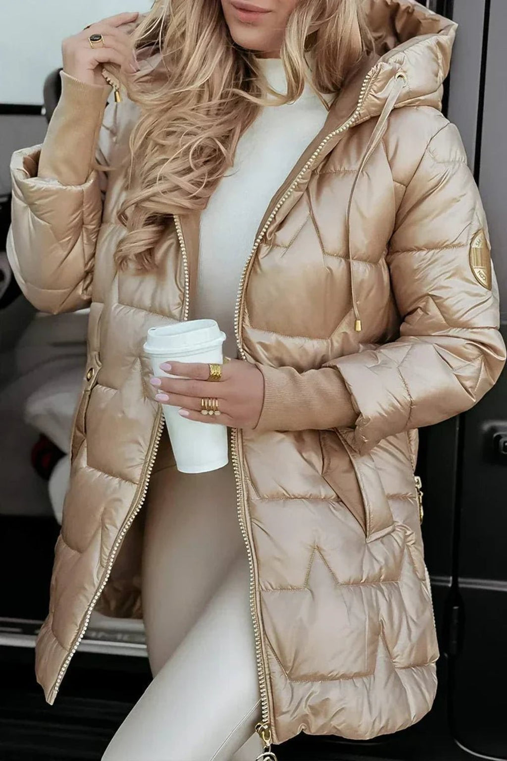 women's long quilted hooded puffer jacket in beige
