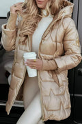 women's long quilted hooded puffer jacket in beige