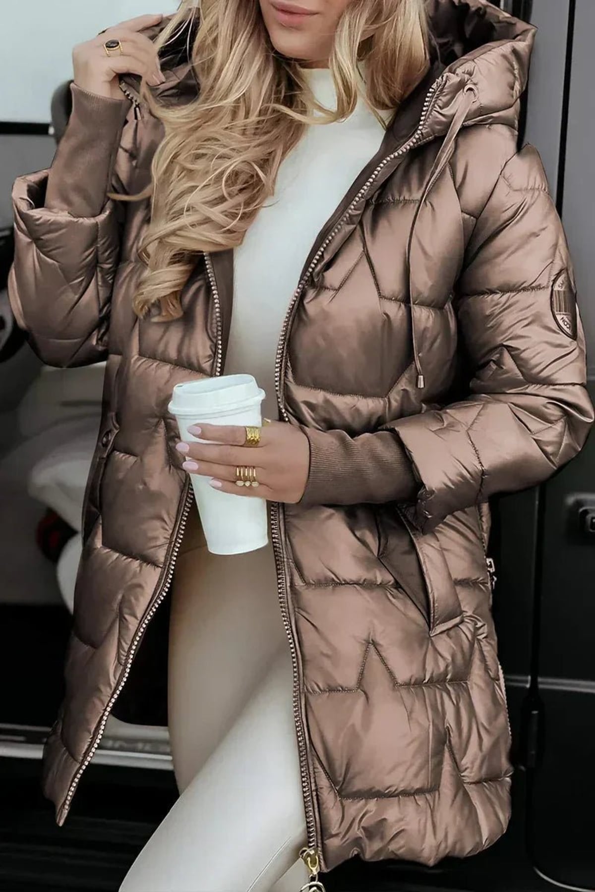women's long quilted hooded puffer jacket in brown
