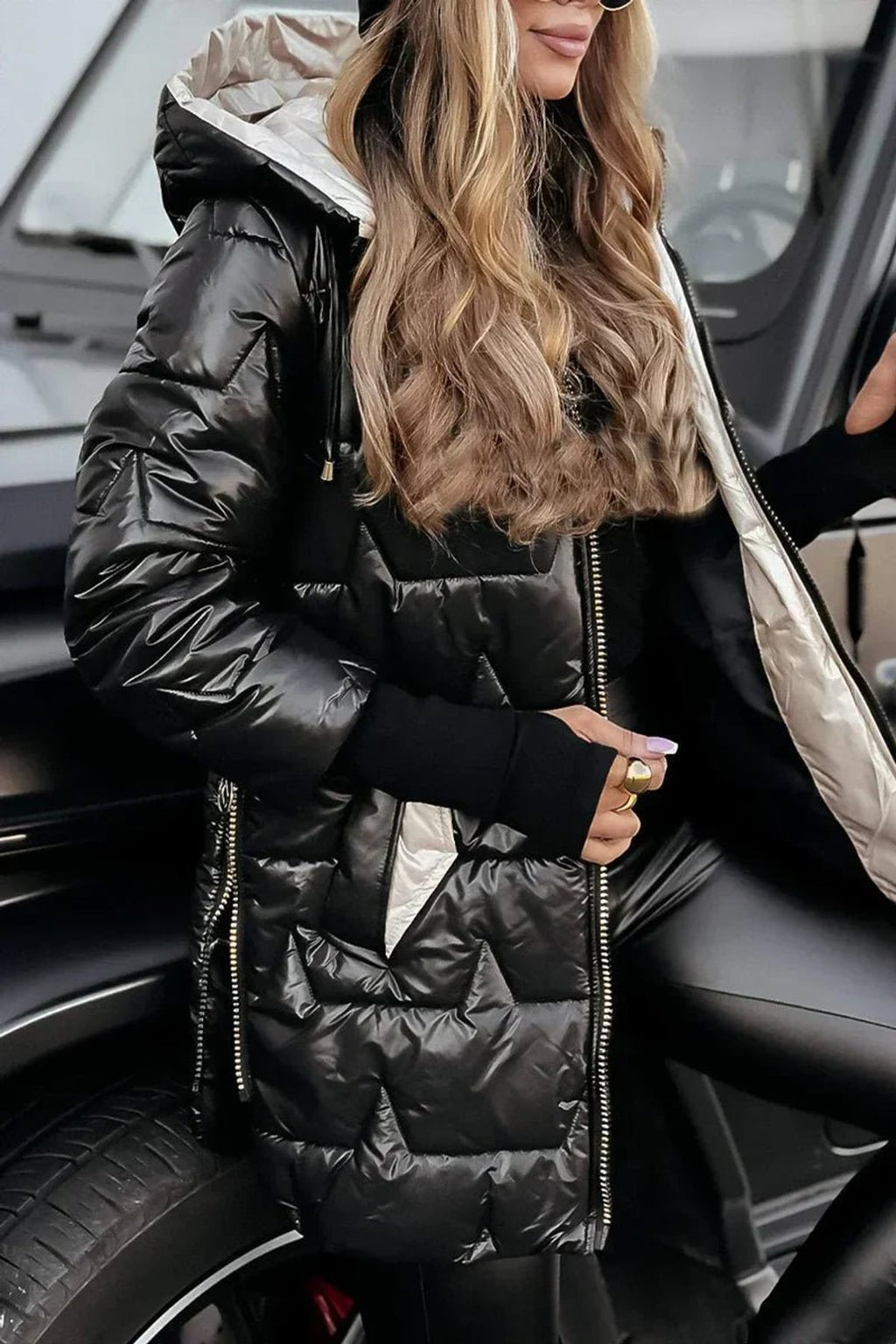 women's long quilted hooded puffer jacket in black