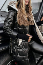 women's long quilted hooded puffer jacket in black