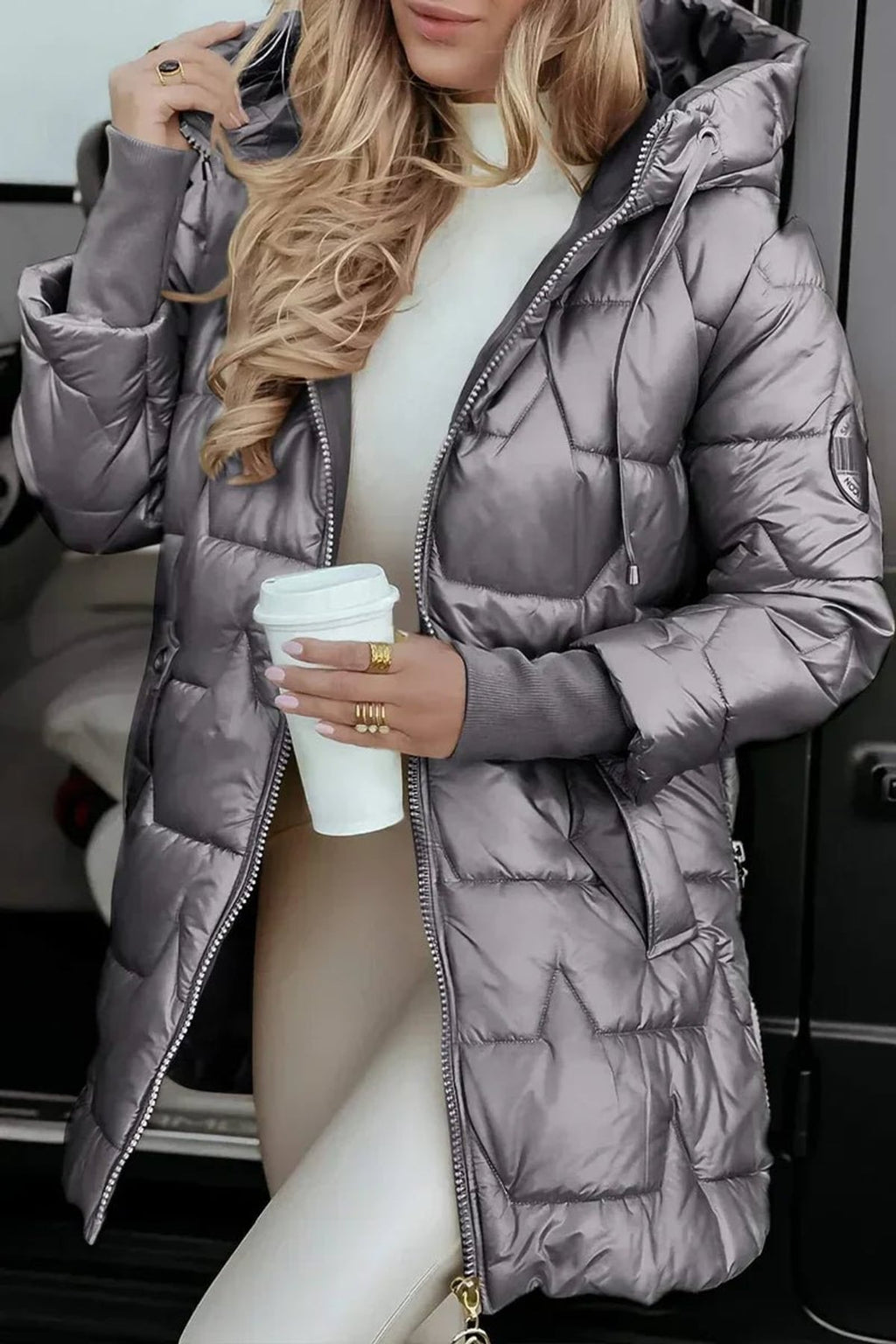 women's long quilted hooded puffer jacket in gray