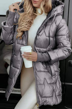 women's long quilted hooded puffer jacket in gray