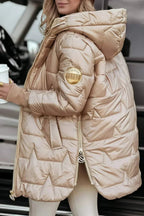 women's long quilted hooded puffer jacket in beige