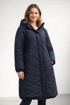 women's long quilted winter coat with hood in black