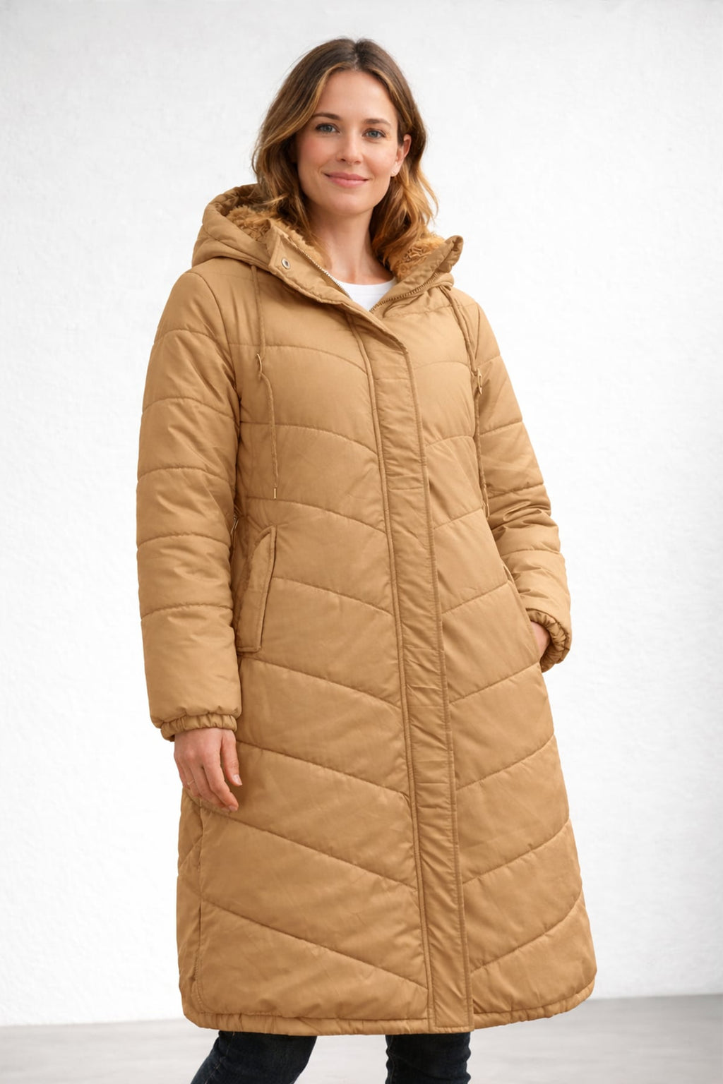 women's long quilted winter coat with hood in yellow