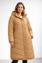 women's long quilted winter coat with hood in yellow