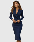 women's long sleeve blazer midi dress in navy blue