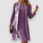 women's long sleeve bodycon dress with lace jacket in purple