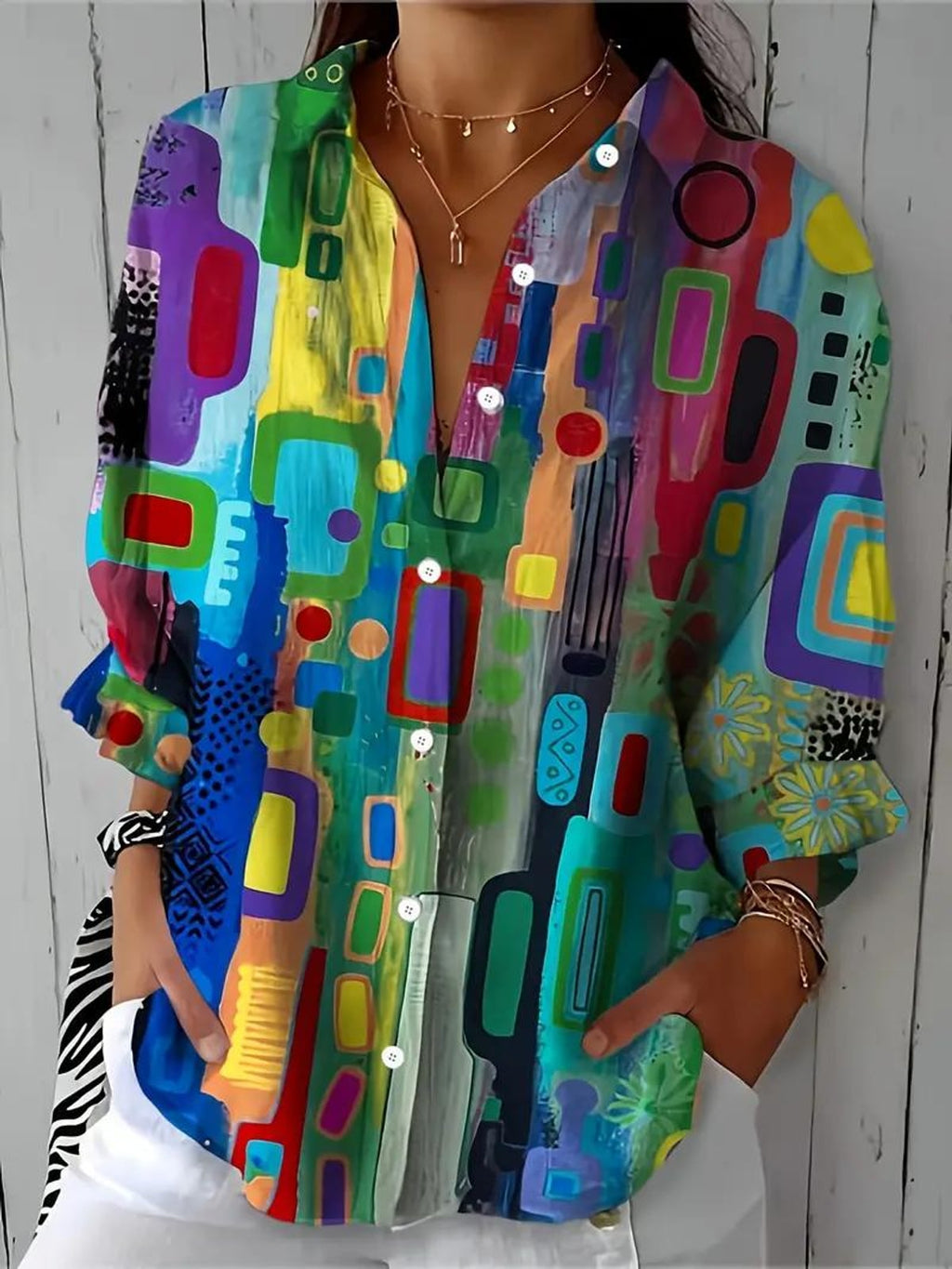 women's long sleeve geometric print blouse in multicolor
