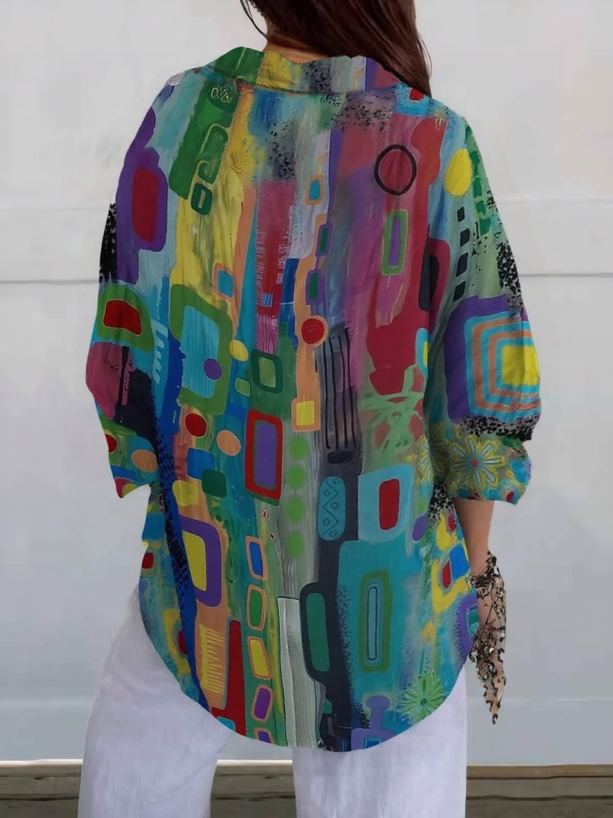 women's long sleeve geometric print blouse in multicolor