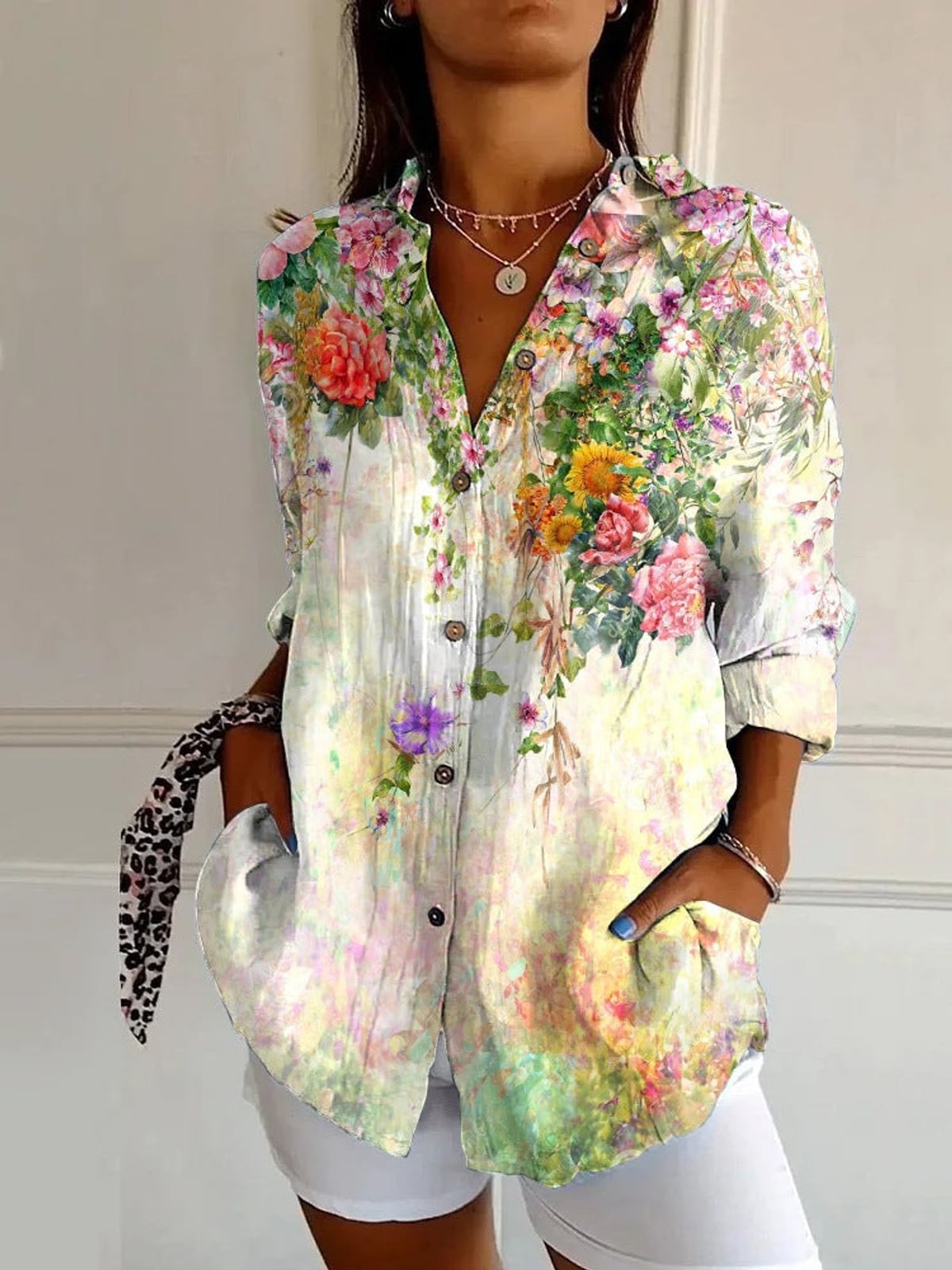 women's long sleeve geometric print blouse in white