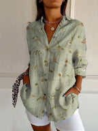 women's long sleeve geometric print blouse in green leaf