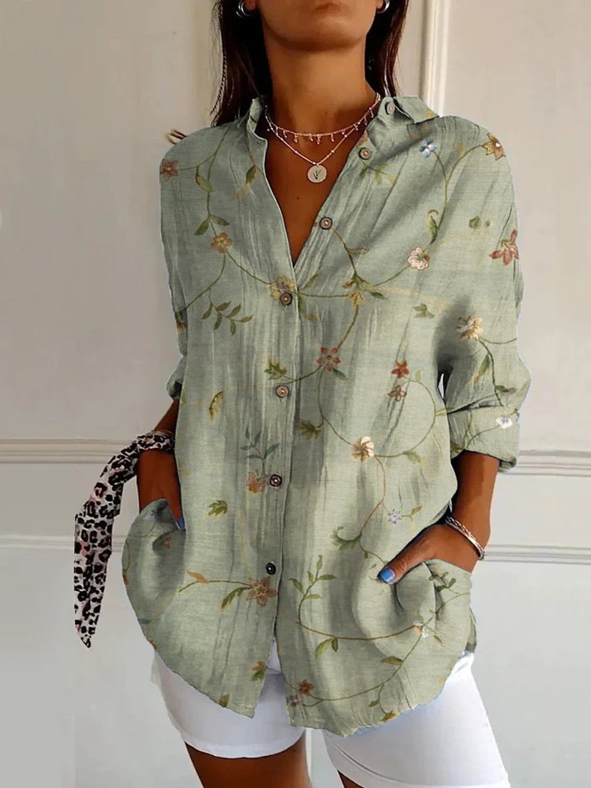 women's long sleeve geometric print blouse in green leaf