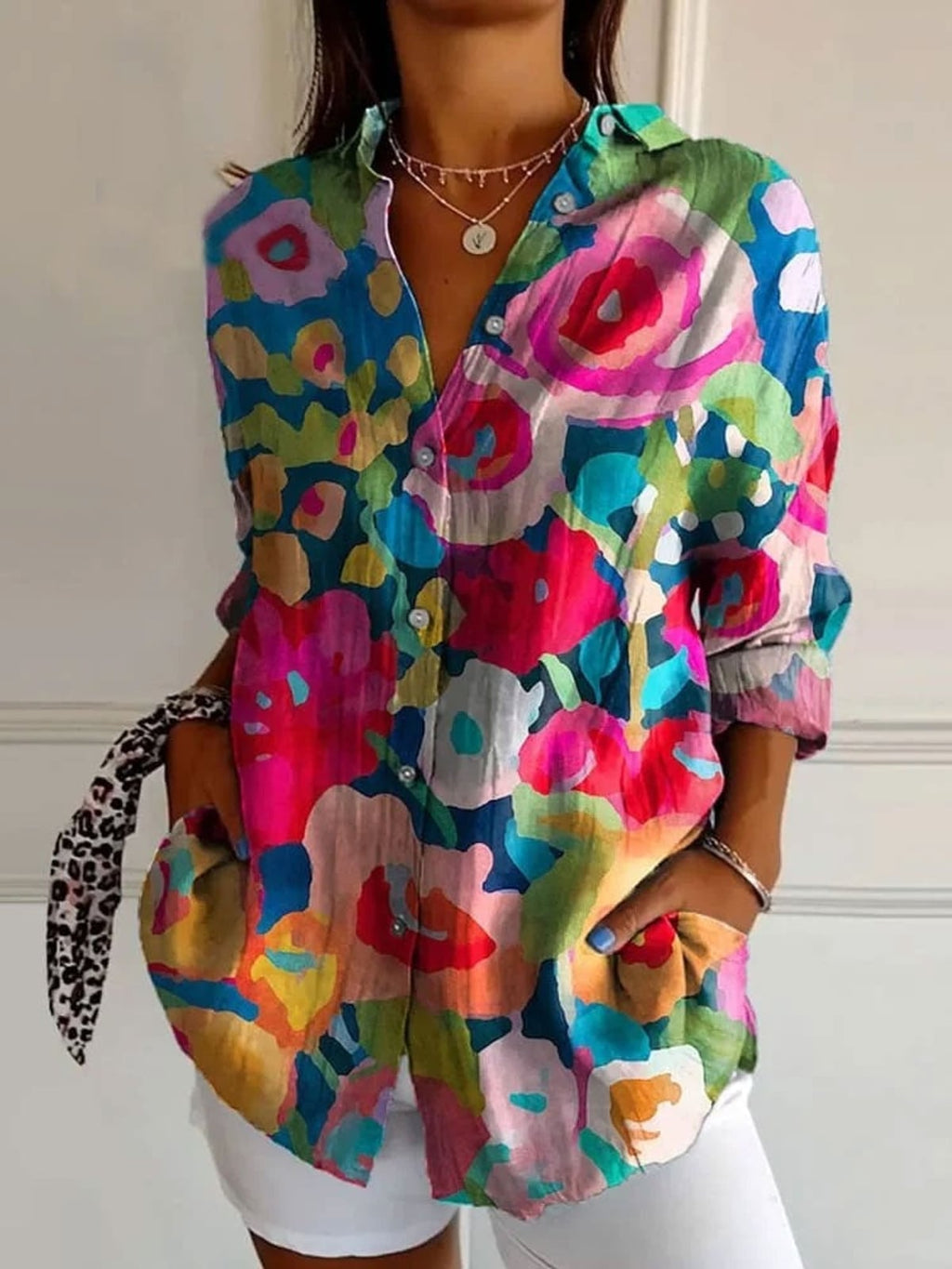 women's long sleeve geometric print blouse in multicolor 2