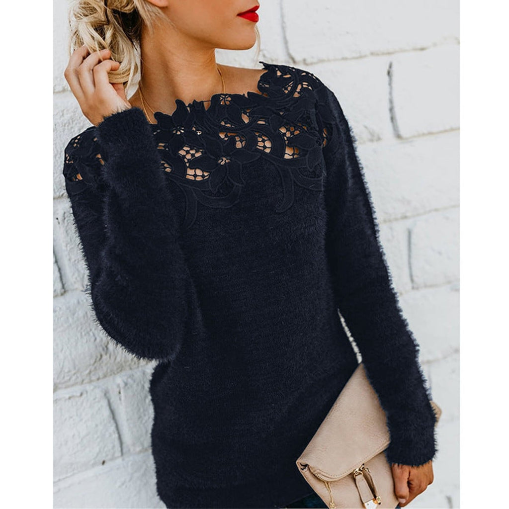 women's long sleeve lace yoke fluffy sweater in black