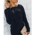 women's long sleeve lace yoke fluffy sweater in black
