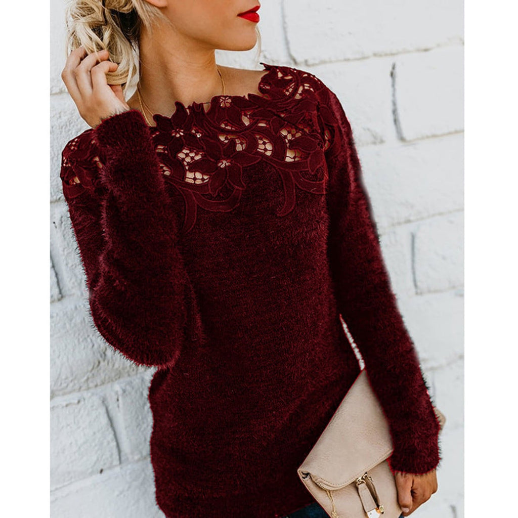 women's long sleeve lace yoke fluffy sweater in wine red