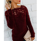 women's long sleeve lace yoke fluffy sweater in wine red