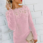 women's long sleeve lace yoke fluffy sweater in pink