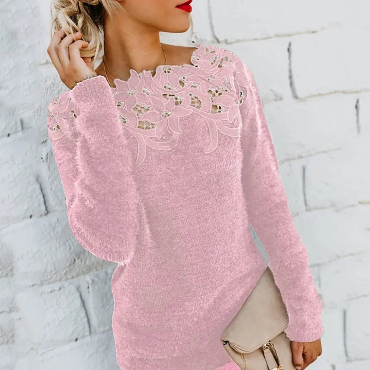 women's long sleeve lace yoke fluffy sweater in pink