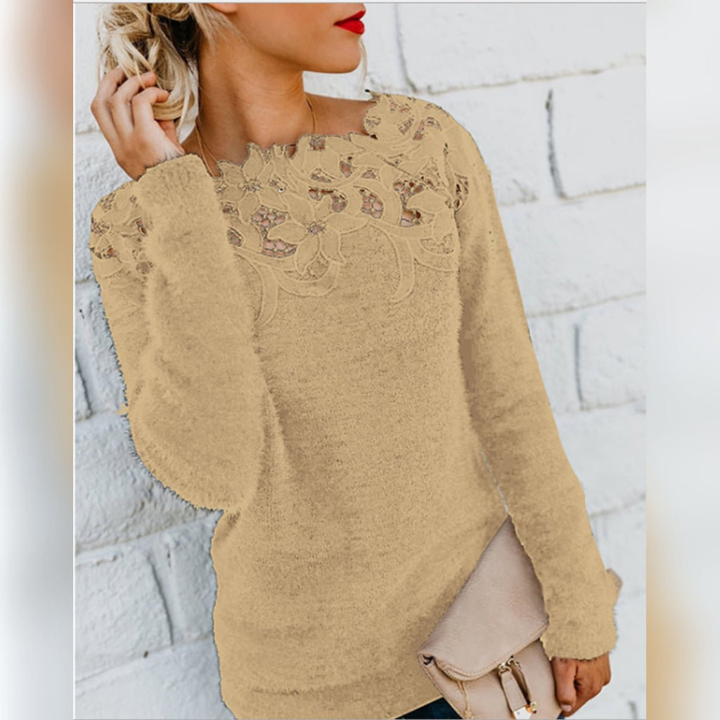 women's long sleeve lace yoke fluffy sweater in khaki