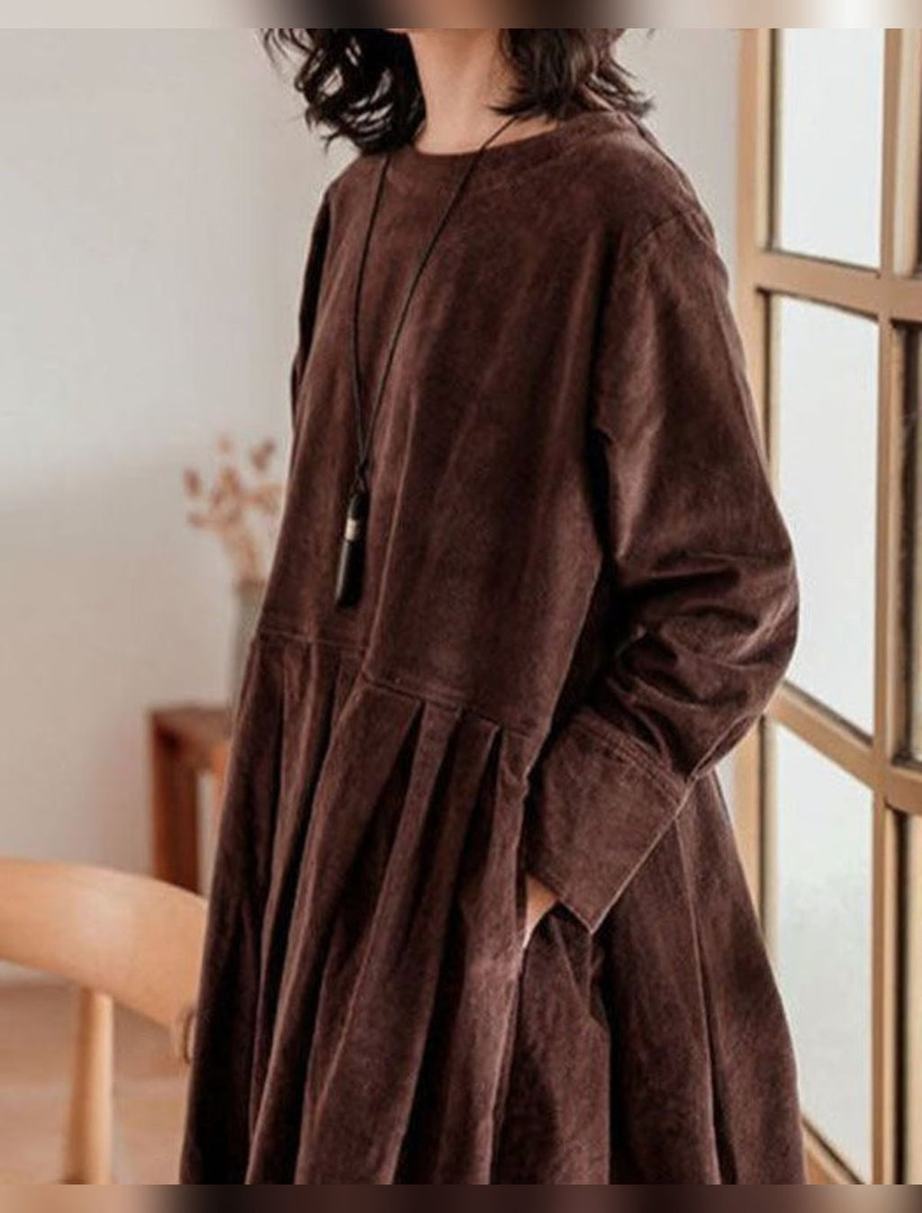 women's long sleeve pleated midi dress in brown