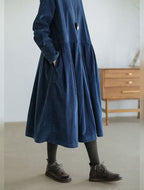 women's long sleeve pleated midi dress in blue
