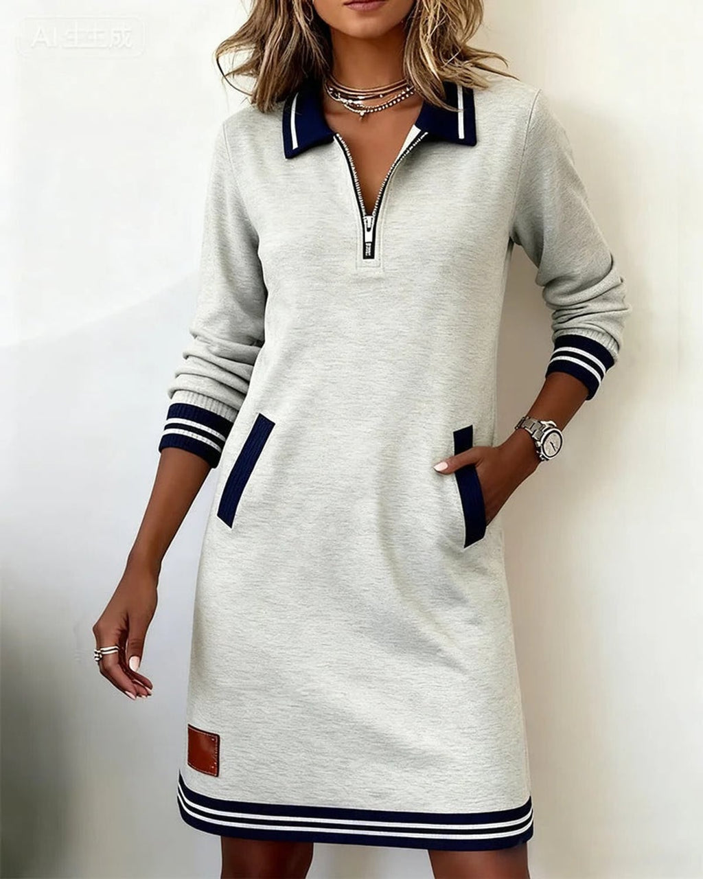 women's long sleeve polo neck sweatshirt dress in gray