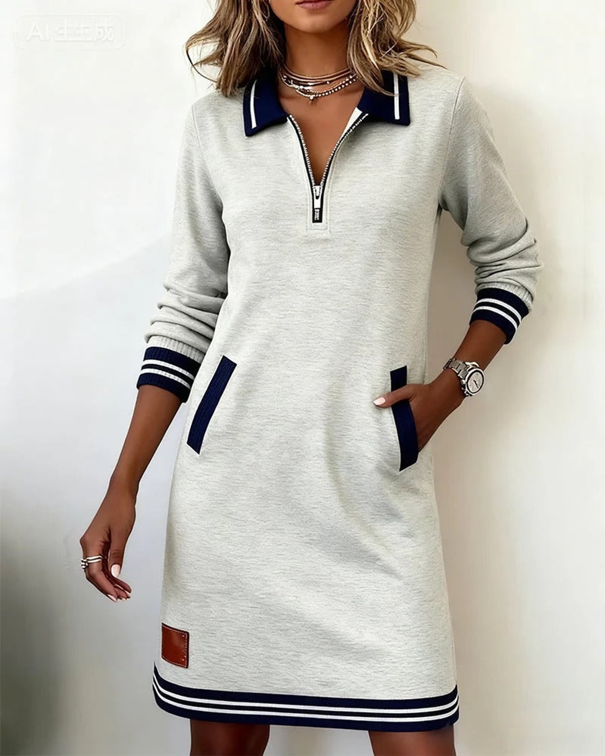 women's long sleeve polo neck sweatshirt dress in gray