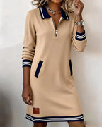 women's long sleeve polo neck sweatshirt dress in beige