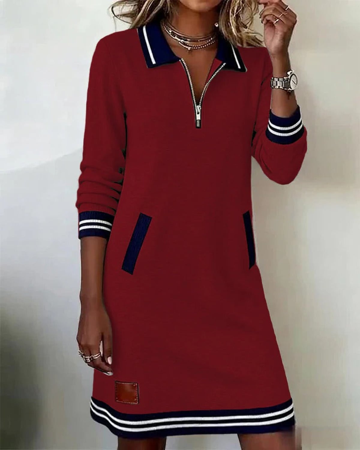 women's long sleeve polo neck sweatshirt dress in red