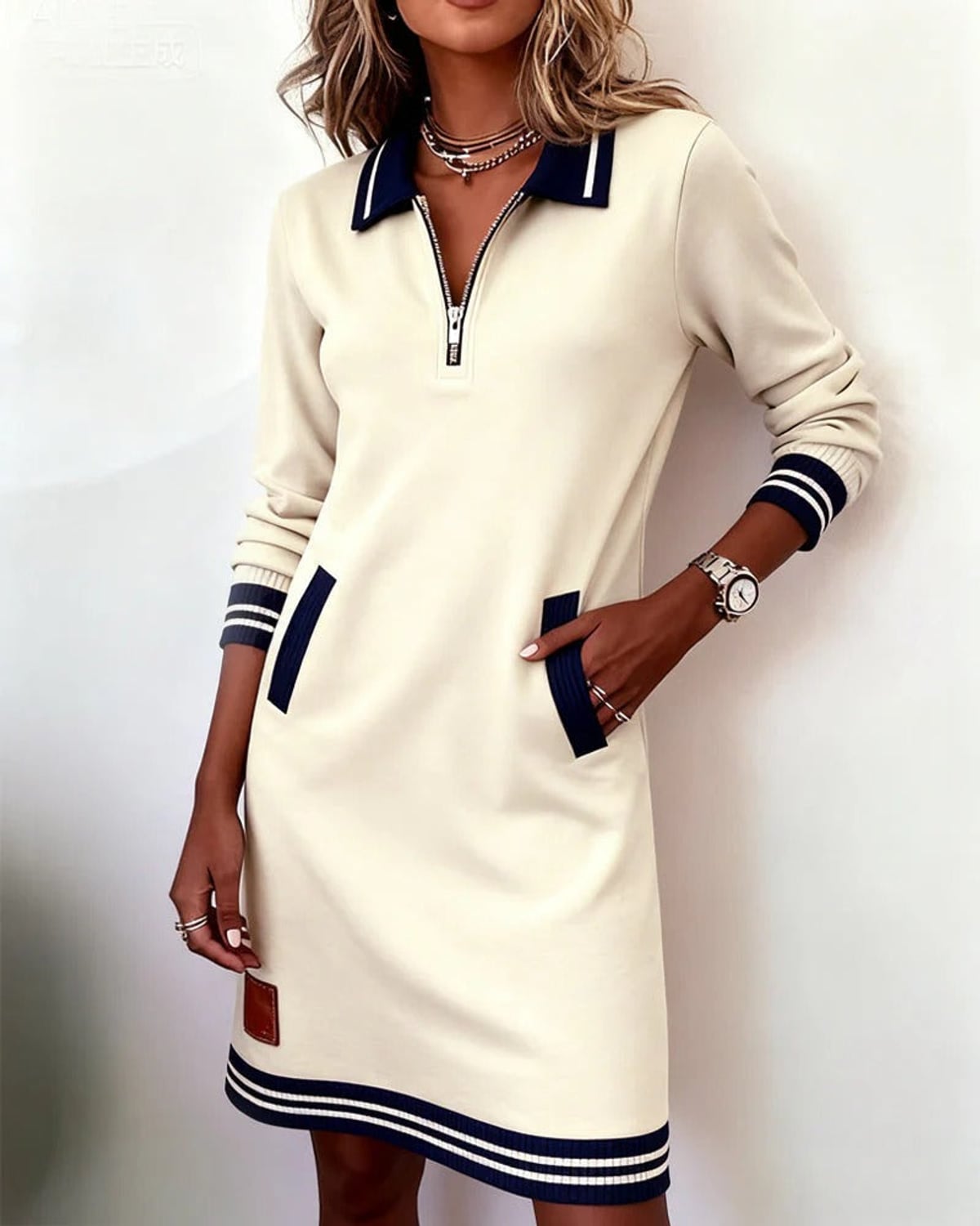 women's long sleeve polo neck sweatshirt dress in white