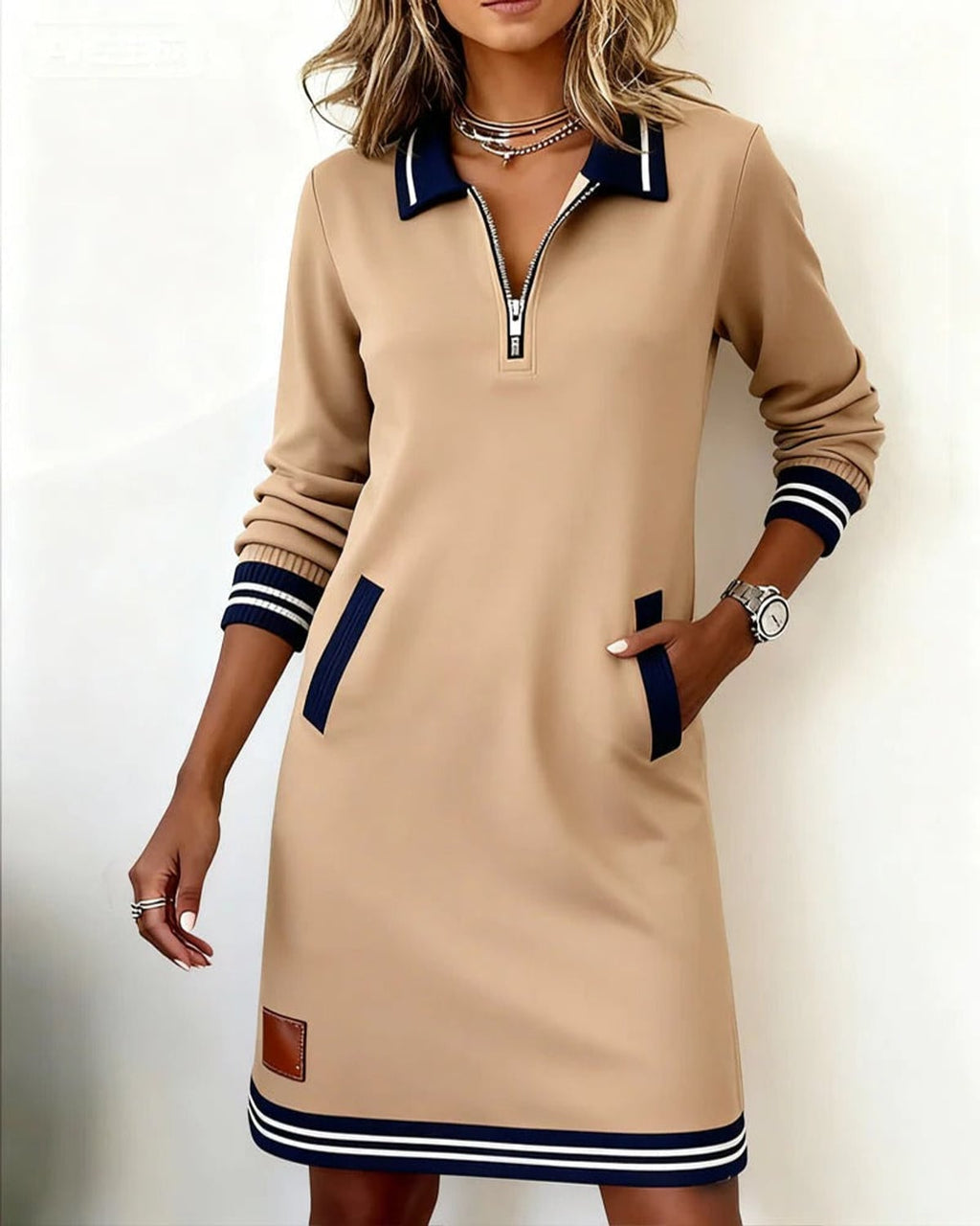 women's long sleeve polo neck sweatshirt dress in beige