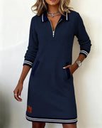 women's long sleeve polo neck sweatshirt dress in navy blue