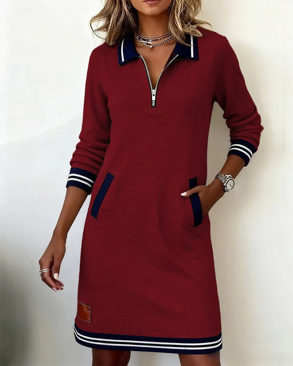 women's long sleeve polo neck sweatshirt dress in red