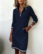 women's long sleeve polo neck sweatshirt dress in navy blue