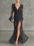 women's long sleeve v-neck lace maxi dress in dark gray