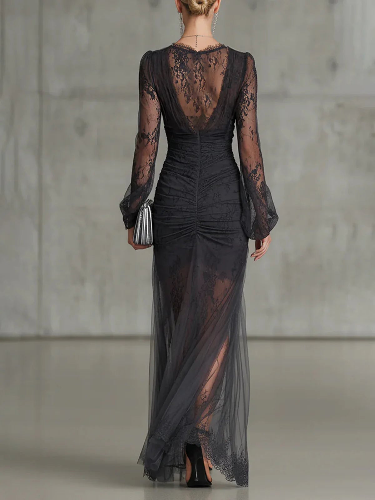 women's long sleeve v-neck lace maxi dress