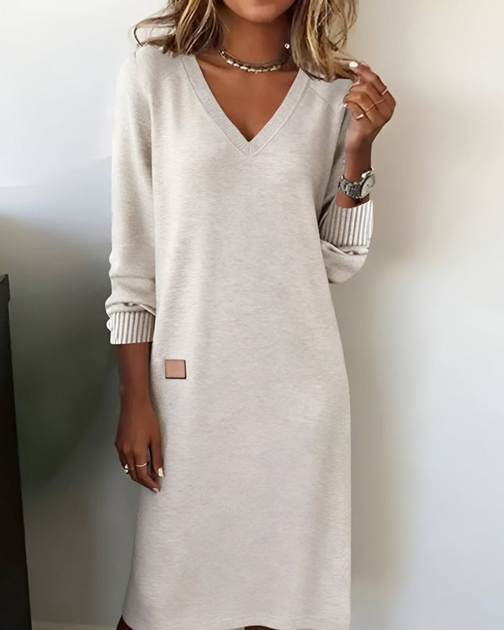 women's long sleeve v-neck midi dress in white