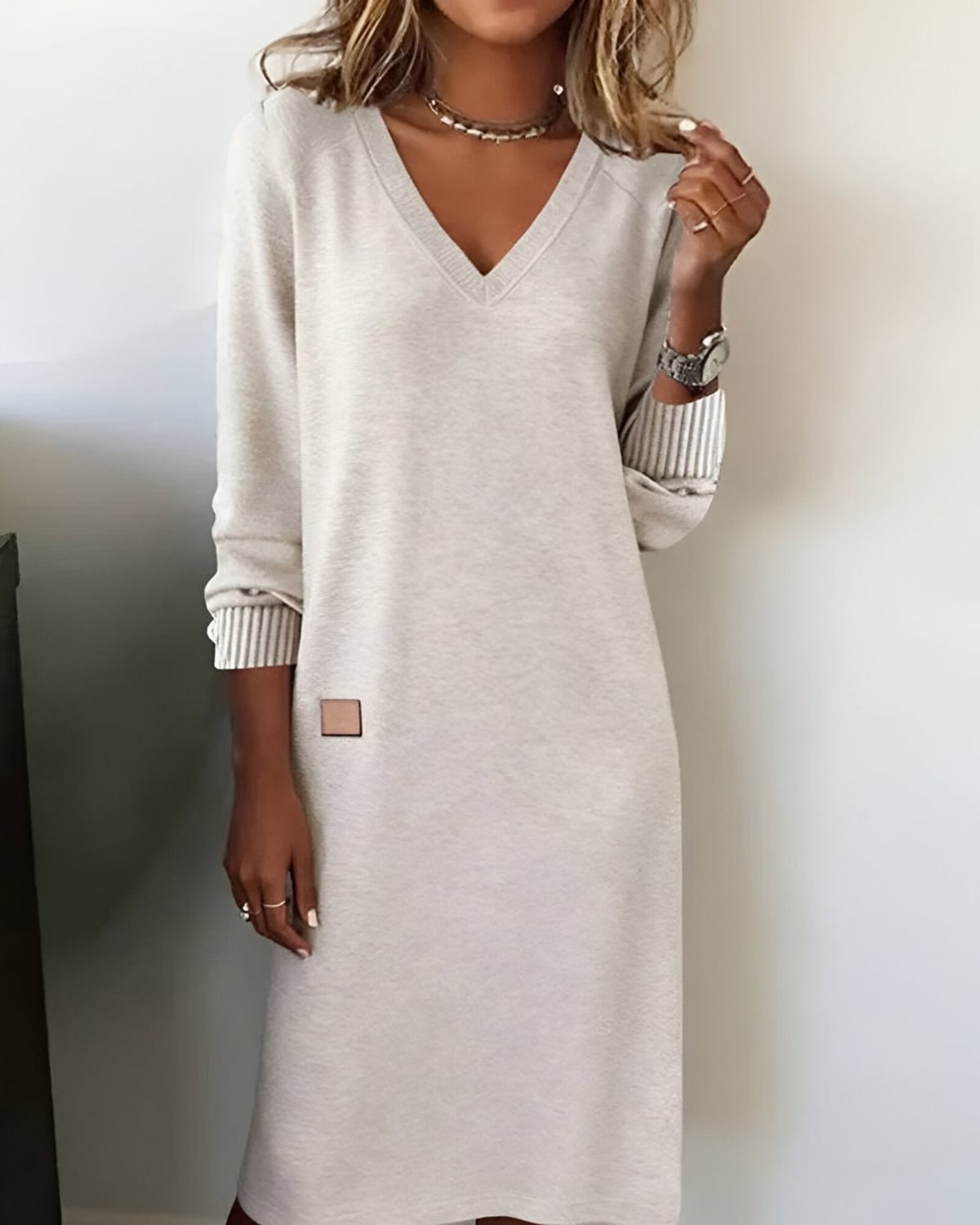women's long sleeve v-neck midi dress in white
