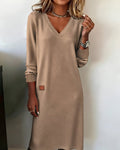 women's long sleeve v-neck midi dress in brown