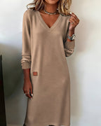 women's long sleeve v-neck midi dress in brown