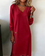women's long sleeve v-neck midi dress in red